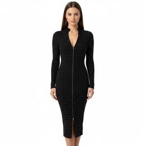 Hera Collection Black Studded Long Sleeve Zip Front Midi Dress L Edgy‎ Club Wear